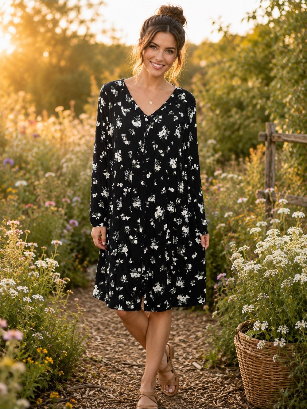 Old Navy Black Floral Long Sleeve Swing Dress Women’s Large Boho A24